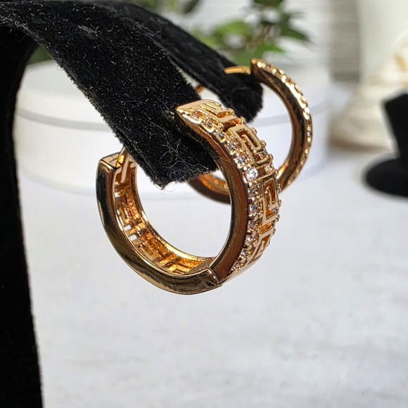 Gold Huggie Hoop Earrings Greek Key Design - Picture 5 of 7